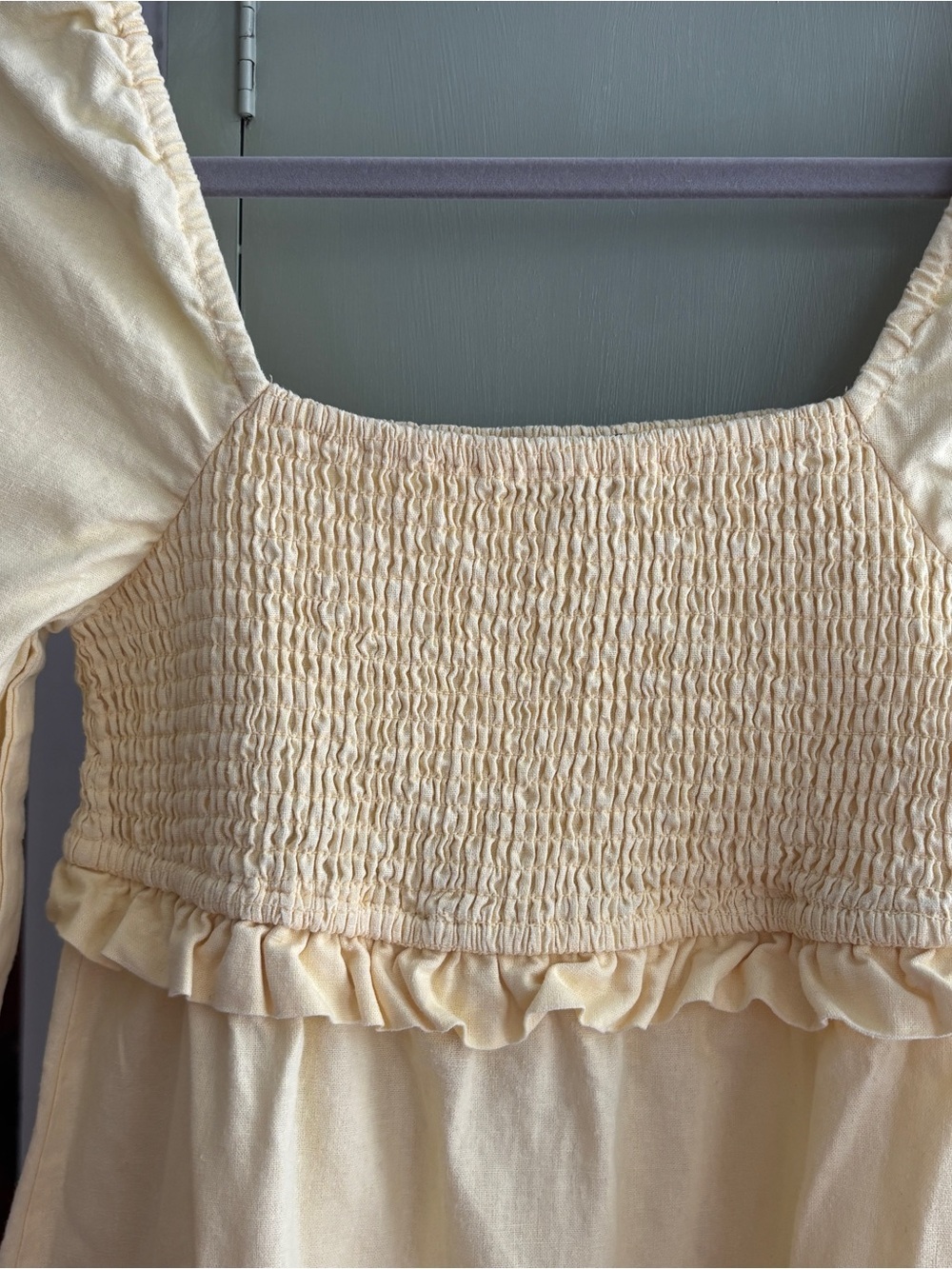 7 for all Mankind Linen / Cotton Butter Yellow Puff Sleeve Smocked Midi Dress - Picture 3 of 6